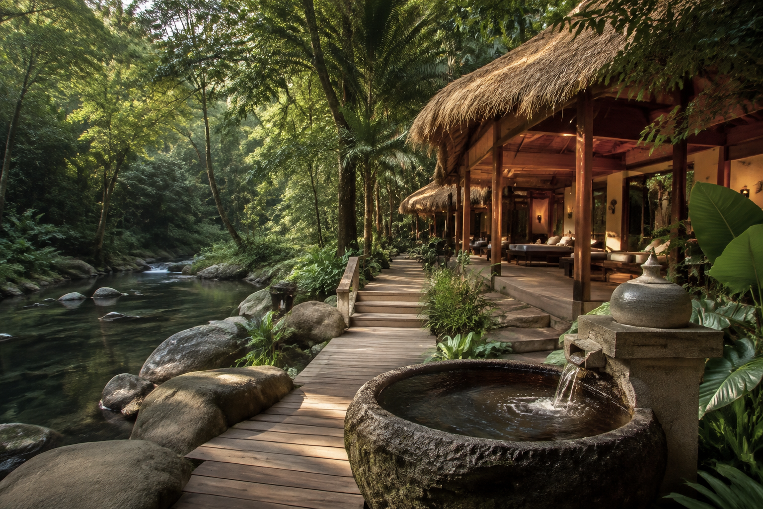 Forest wellness spa beside a river