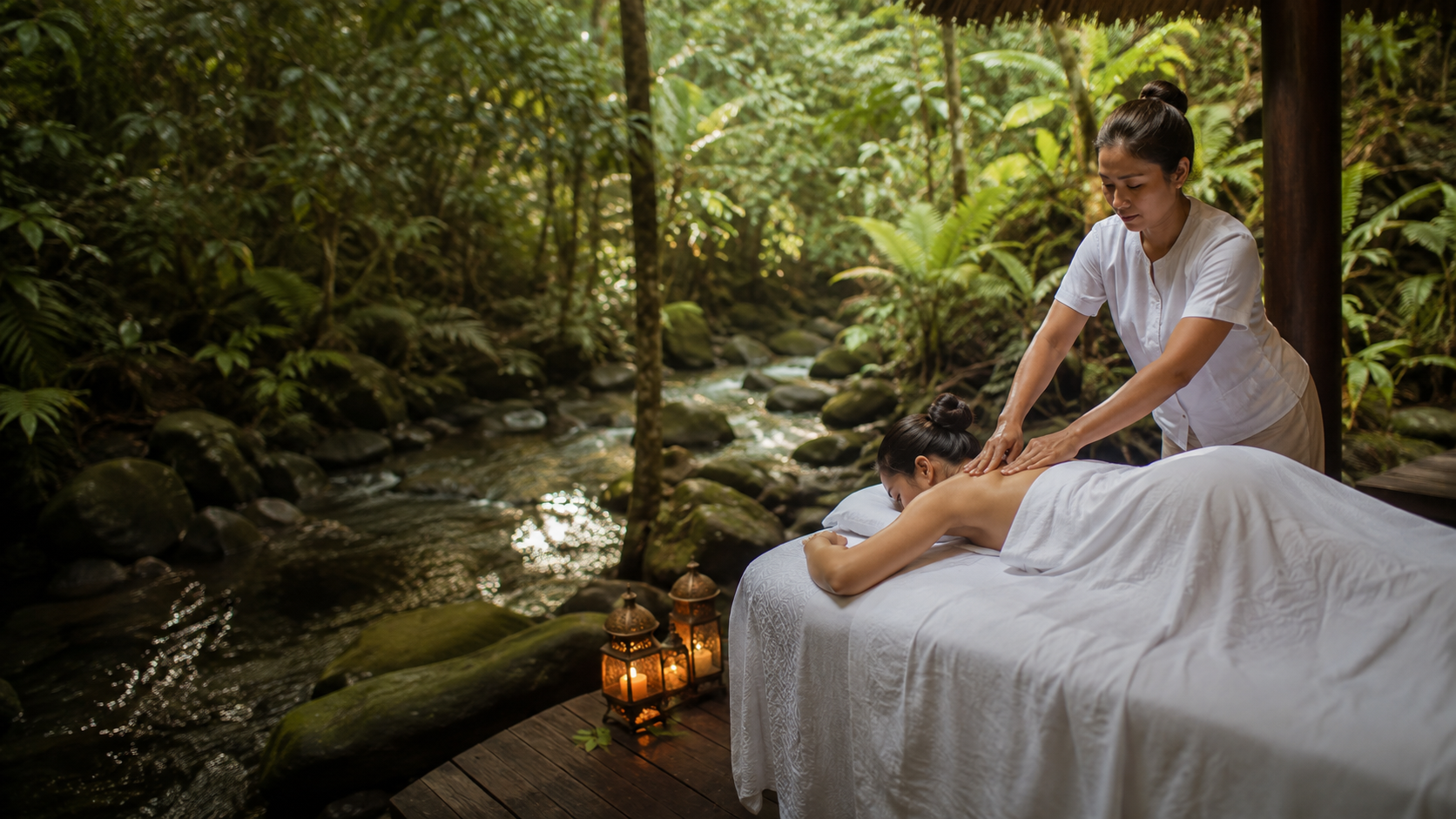 A therapist giving a relaxing massage in the forest
