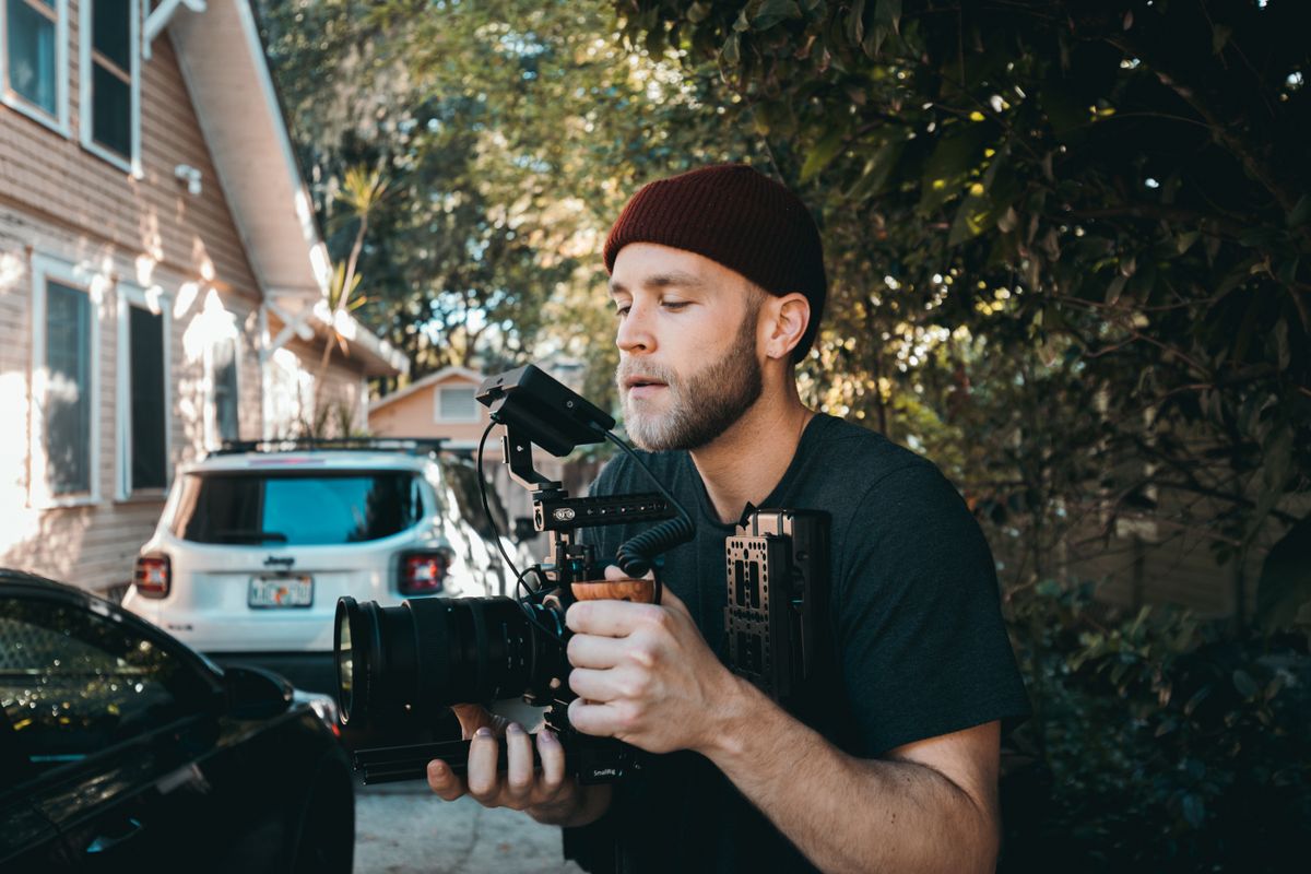 A small-business content studio with a camera, lighting and products