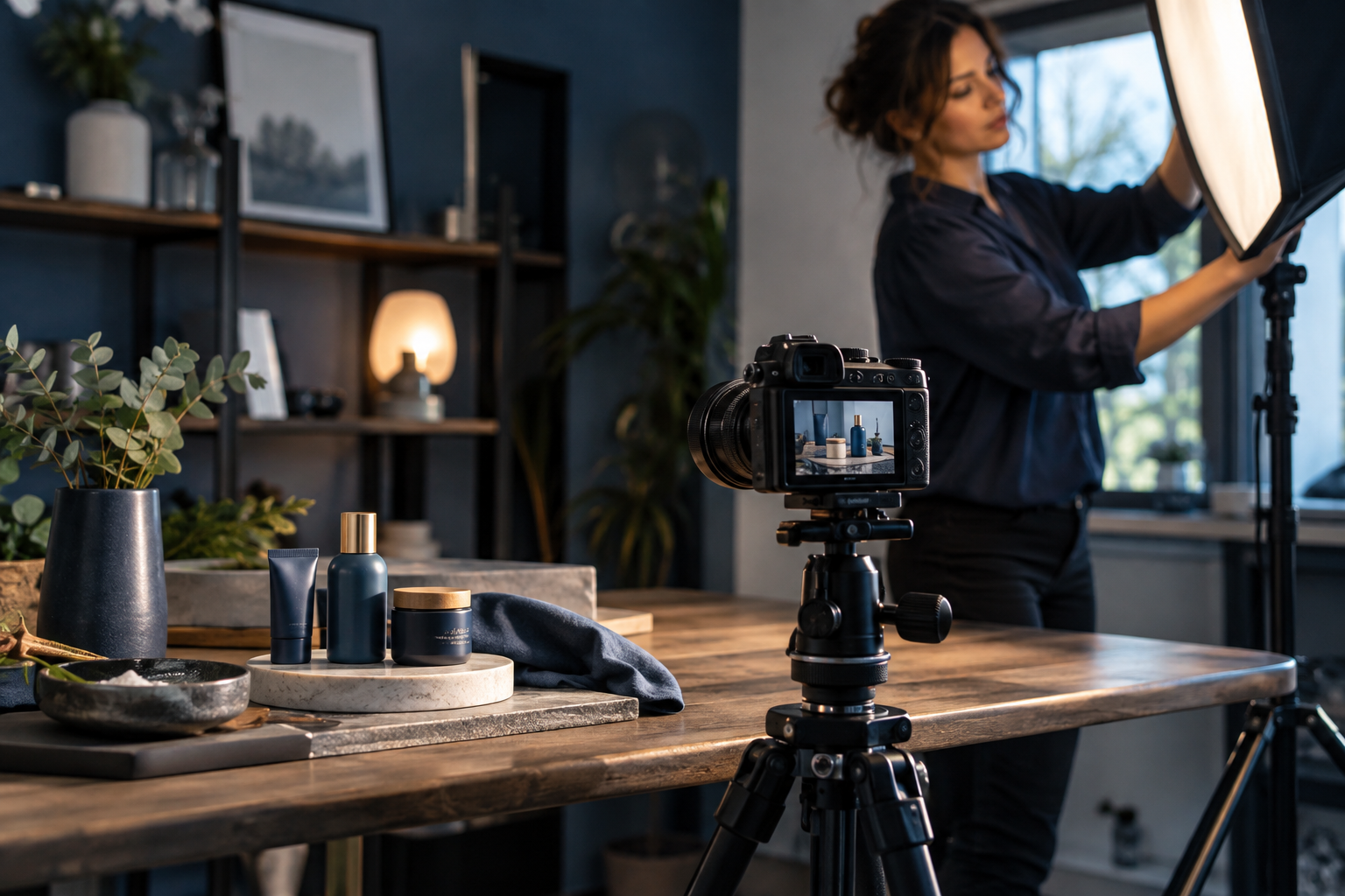 A small-business content studio with a camera, lighting and products