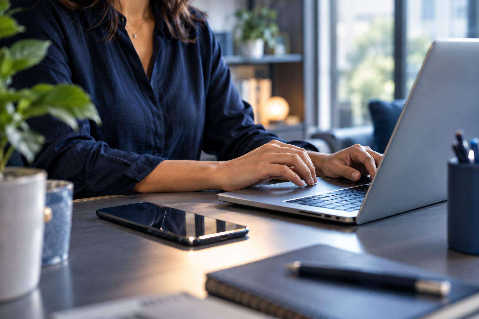 Hands using a laptop to manage customer conversations and enquiries